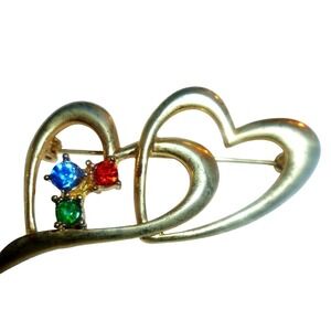 Vintage Gold Tone Double Interlocking Heart Brooch Pin Blue Red Green Rhinestone